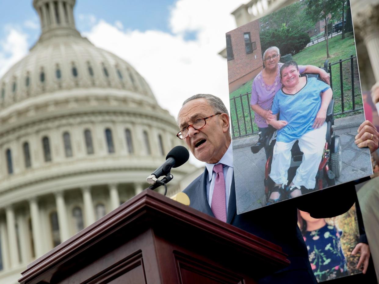 Senate Minority Leader Sen. Chuck Schumer talks about constituents who would be adversely affected by the proposed Republican Senate healthcare bill outside the Capitol Building: AP