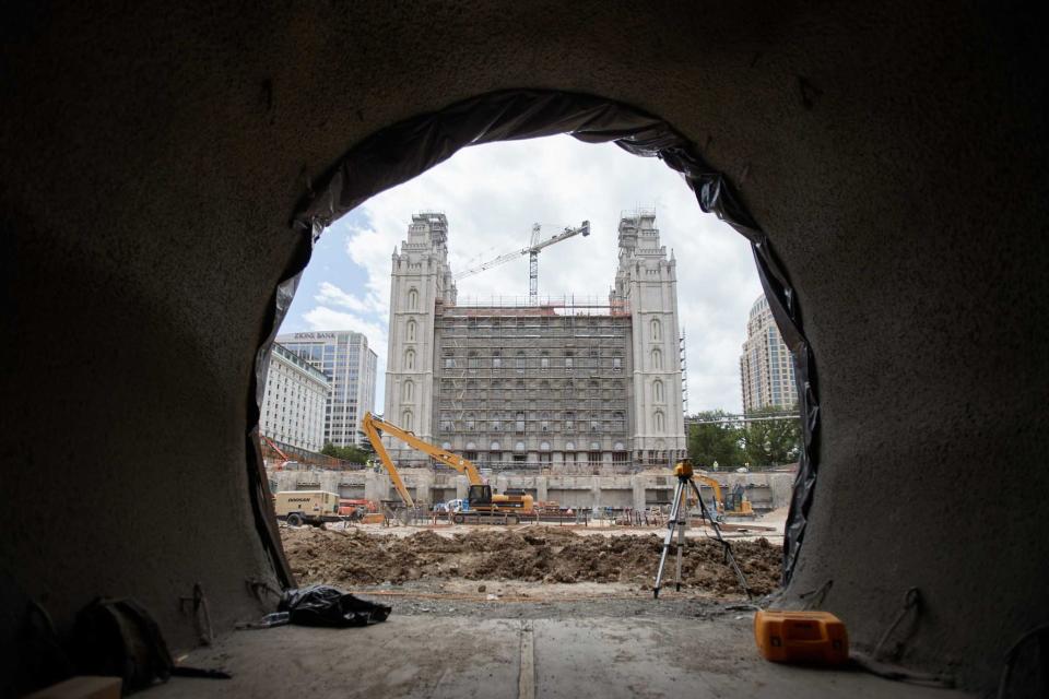 A view of the Salt Lake Temple from the tunnel underneath North Temple that will eventually connect the Conference Center parking lot to the temple, Salt Lake City, June 2021.