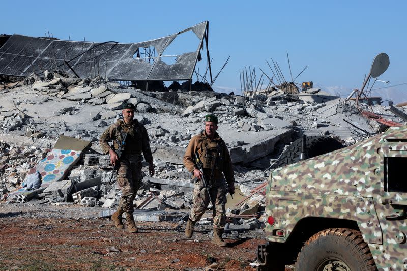 FILE PHOTO: Lebanese army soldiers secure a site that was hit by a strike, in Saraain