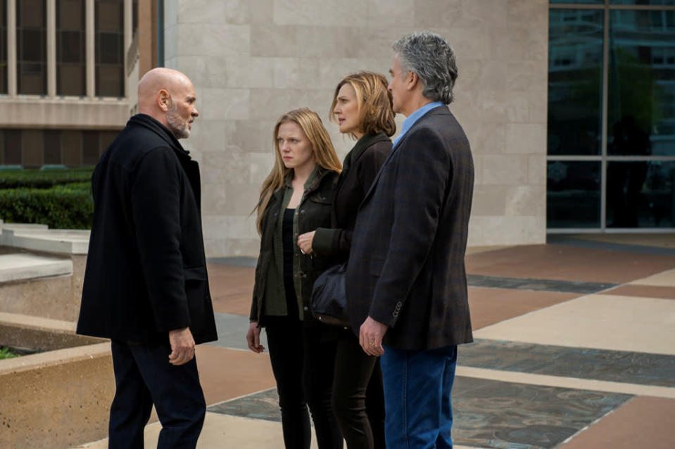 Mitch Pileggi, Emma Bell, Brenda Strong and Patrick Duffy in the "Dallas" Season 2 episode, "Guilt by Association."