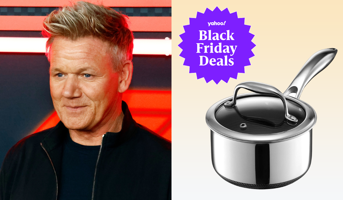 gordon ramsay / a hexclad saucepan with a Yahoo Black Friday Deals sticker