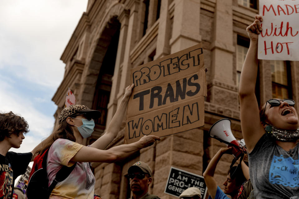 A demonstration outside the Texas State Capitol during a Women's March in Austin, on Oct. 2, 2021. / Credit: Bloomberg via Getty Images