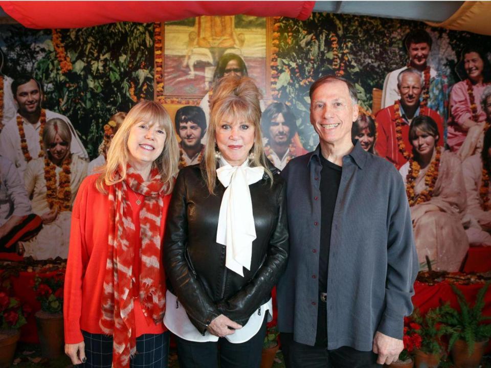 Jenny Boyd, Pattie Boyd and Paul Saltzman reminisce at the opening of the 'Beatles in India' exhibition in Liverpool