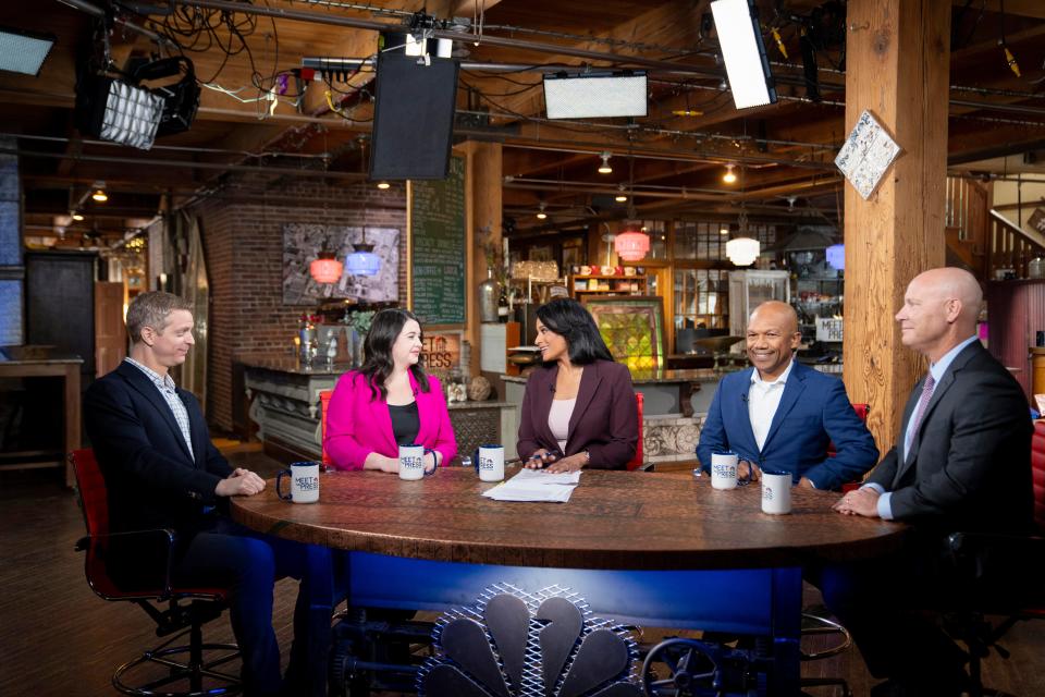 Garrett Haake of NBC News; Brianne Pfannenstiel, chief politics reporter for The Des Moines Register, Kristen Welker of Meet the Press, Iowa State Rep. Ross Wilburn, and Marc Short, former chief of staff to Vice President Mike Pence, take part in a round table on Meet the Press on Sunday, Jan. 14, 2024, at West End Salvage in Des Moines, Iowa.
(Credit: Zach Boyden-Holmes/The Register)