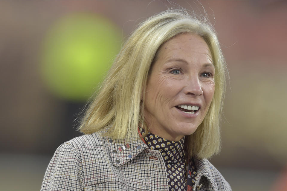 FILE - Cleveland Browns co-owner Dee Haslam walks on the field before an NFL football game against the Los Angeles Rams, Sunday, Sept. 22, 2019, in Cleveland. Dee Haslam has been among the league's most fervent supporters of female equality. (AP Photo/David Richard, File)