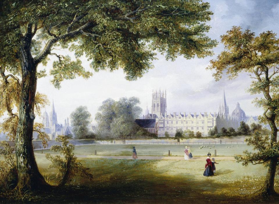 <span class="caption">Christ Church College, Oxford, serves as a cathedral and a seat of learning.</span> <span class="attribution"><a class="link " href="https://www.gettyimages.com/detail/news-photo/christchurch-from-merton-fields-oxford-by-richard-bankes-news-photo/589150126?adppopup=true" rel="nofollow noopener" target="_blank" data-ylk="slk:Photo by © Fine Art Photographic Library/CORBIS/Corbis via Getty Images;elm:context_link;itc:0;sec:content-canvas">Photo by © Fine Art Photographic Library/CORBIS/Corbis via Getty Images</a></span>