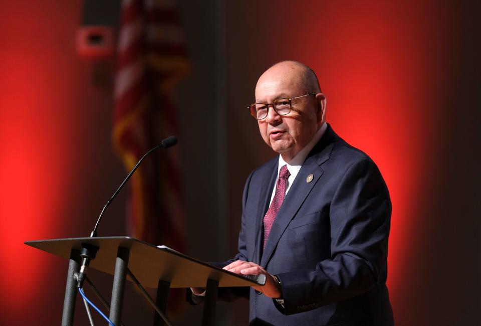Chickasaw Gov. Bill Anoatubby makes remarks Oct. 17, 2023, at a lecture at Oklahoma Christian University in Edmond. The university hosted several sessions featuring "Killers of the Flower Moon" author David Grann and others.