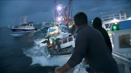 French and British fishing boats collide during scrap in English Channel over scallop fishing rights, August 28, 2018 in this still image taken from a video. France 3 Caen/via REUTERS