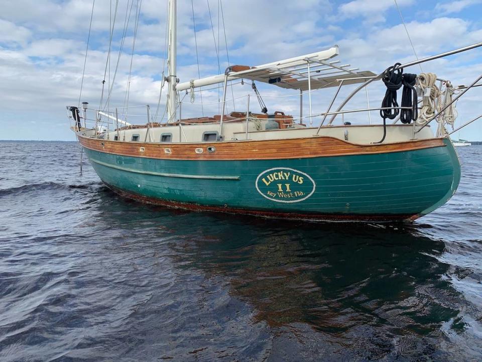 ”Lucky Us 2,” a 35-foot Young Sun yacht, is anchored before a storm pushed it onto Anna Maria Island on Feb. 12, 2023. 