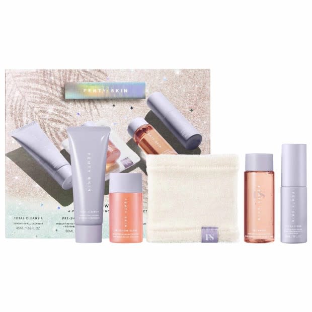 <p>Fenty Beauty The Glow Around 4-Piece Travel Set, $59, <a href="https://howl.me/cj6AqjlCWCh" rel="nofollow noopener" target="_blank" data-ylk="slk:available here;elm:context_link;itc:0;sec:content-canvas" class="link ">available here</a></p>