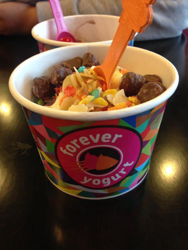 Cup of frozen yogurt from Forever Yogurt with various toppings