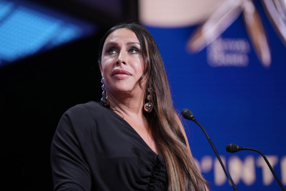 Karla Sofia Gascon accepts the award for best actress for 'Emilia Perez' during the awards ceremony of the 77th international film festival, Cannes, southern France, Saturday, May 25, 2024 (Photo by Andreea Alexandru/Invision/AP)