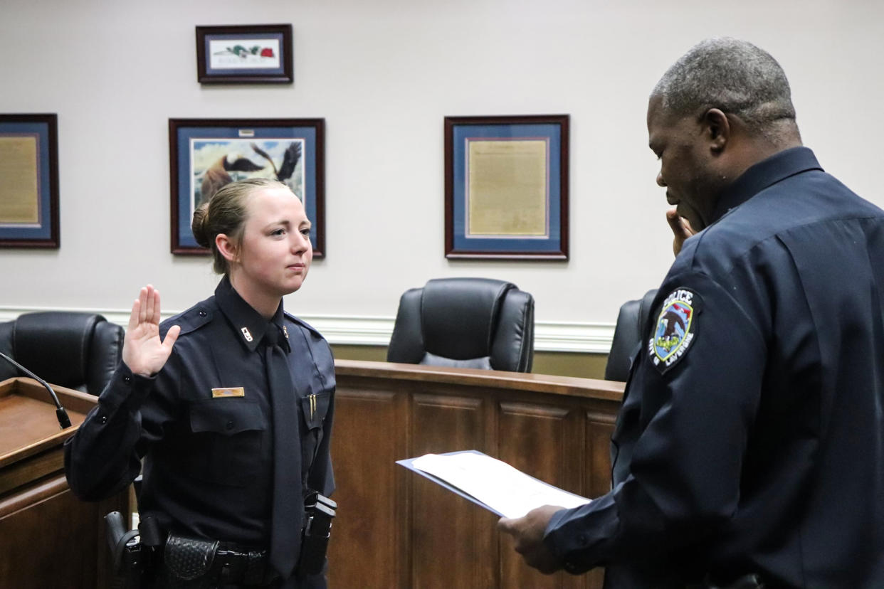 Maegan Hall is sworn in by then-Chief Burrel Davis of the La Vergne Police Department in Tennessee on Aug. 19, 2021. (La Vergne Police Department)