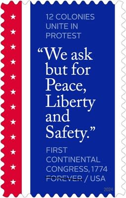 Primer Congreso Continental, 1774: En  2024, el Servicio Postal  conmemora el 250° aniversario del Primer Congreso Continental. Constituido por 12 representantes de las 13 Colonias, el Primer Congreso Continental se reunió en 1774 para decidir cómo debían responder las Colonias a las crecientes amenazas a su libertad.