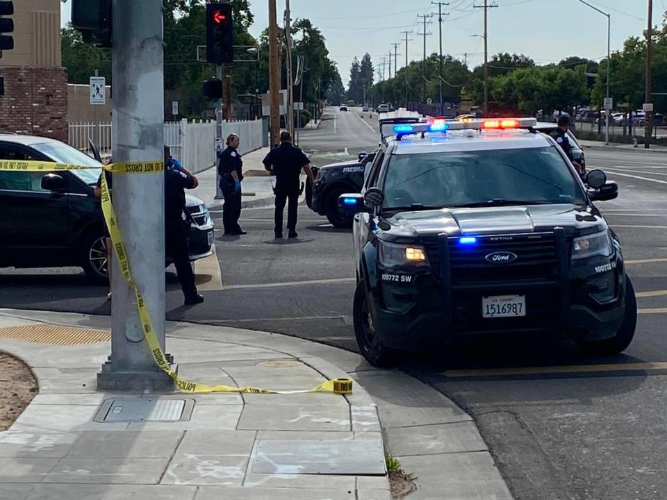 Officers investigate the scene of a domestic violence related shooting in southwest Fresno on Monday, June 5, 2023, police said.