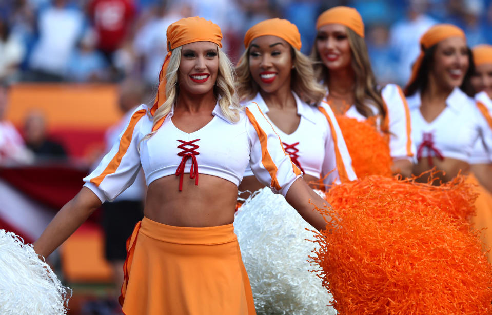 Oct 15, 2023; Tampa, Florida, USA; Tampa Bay Buccaneers cheerleaders perform during the game against the <a class="link " href="https://sports.yahoo.com/nfl/teams/detroit/" data-i13n="sec:content-canvas;subsec:anchor_text;elm:context_link" data-ylk="slk:Detroit Lions;sec:content-canvas;subsec:anchor_text;elm:context_link;itc:0">Detroit Lions</a> during the first quarter at Raymond James Stadium. Mandatory Credit: Kim Klement Neitzel-USA TODAY Sports