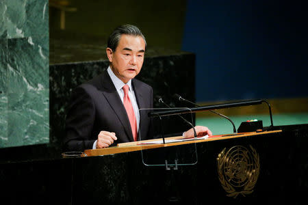 Chinese Foreign Minister Wang Yi addresses the 72nd United Nations General Assembly at the U.N. headquarters in New York, U.S., September 21, 2017. REUTERS/Eduardo Munoz