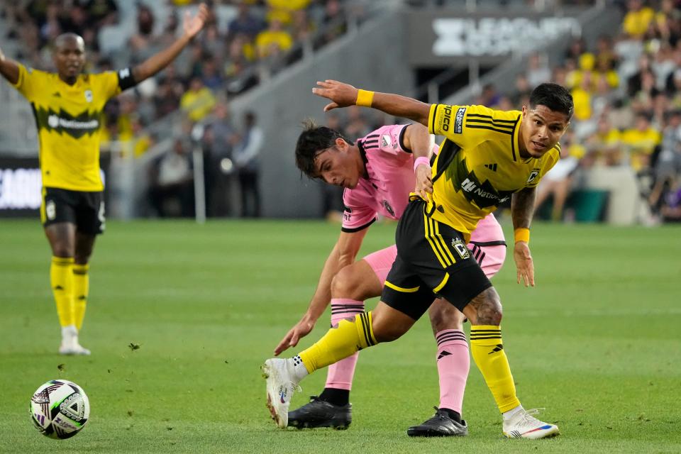 Aug 13, 2024; Columbus, Ohio, USA; Columbus Crew forward Cucho Hernandez (9) kicks the ball past Inter Miami CF midfielder Federico Redondo (55) during the Leagues Cup round of 16 game at Lower.com Field. The Crew won 3-2.