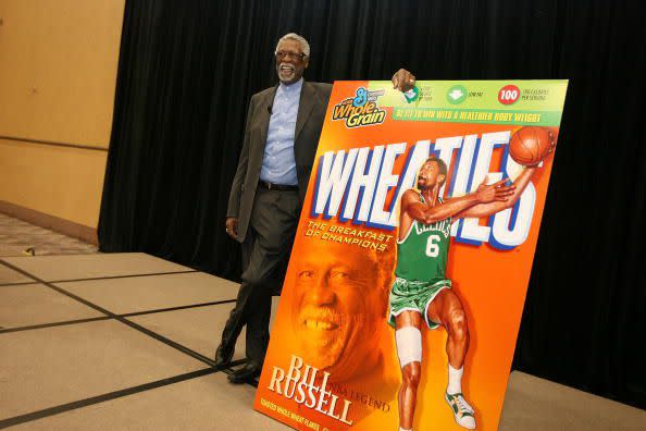 LAS VEGAS - FEBRUARY 16:  Bill Russell leans on a representation of the new box during a ceremony to honor him and unveil a new Wheaties box February 16, 2007 in Las Vegas, Nevada. NOTE TO USER: User expressly acknowledges and agrees that, by downloading and or using this Photograph, User is consenting to the terms and conditions of the Getty Images License Agreement. Mandatory Copyright Notice: Copyright 2007 NBAE  (Photo by David Sherman/NBAE via Getty Images) 