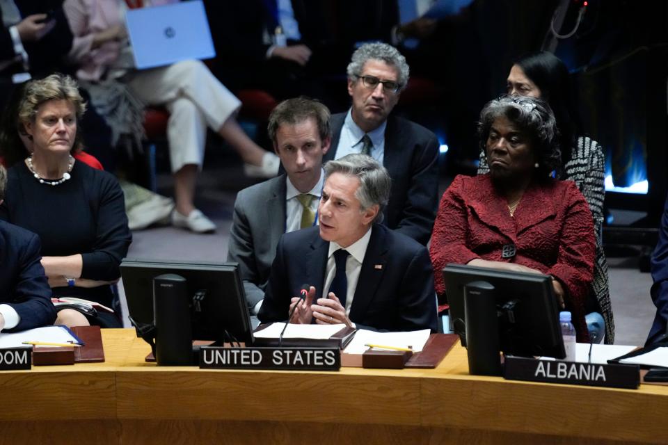 United States Secretary of State Antony Blinken speaks during a Security Council meeting at United Nations headquarters, Tuesday, Oct. 24, 2023.