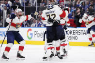 Florida Panthers goaltender Sergei Bobrovsky (72) celebrates with teammates after defeating the Toronto Maple Leafs in overtime of an NHL hockey Stanley Cup second-round playoff series Friday, May 12, 2023, in Toronto. (Frank Gunn/The Canadian Press via AP)