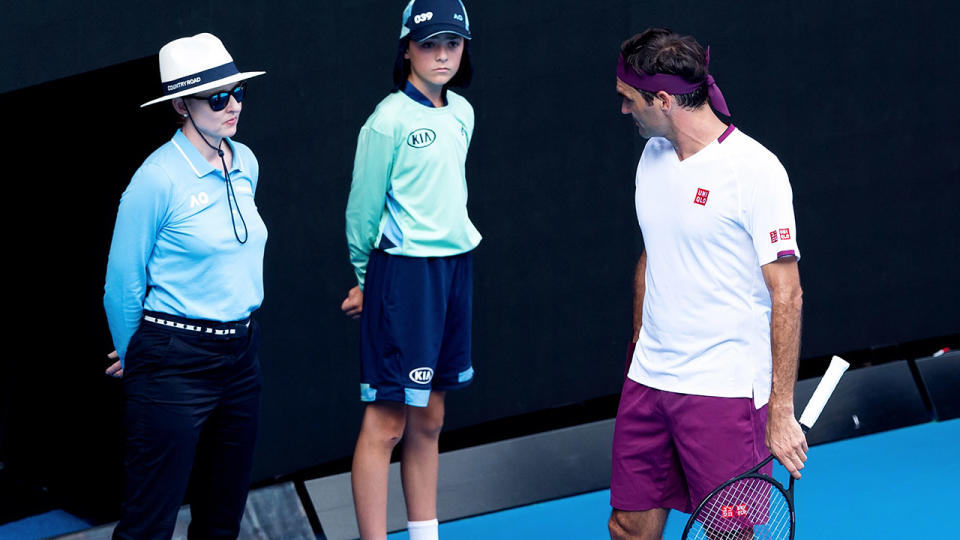 Roger Federer, pictured here clashing with a line judge at the Australian Open in 2020.