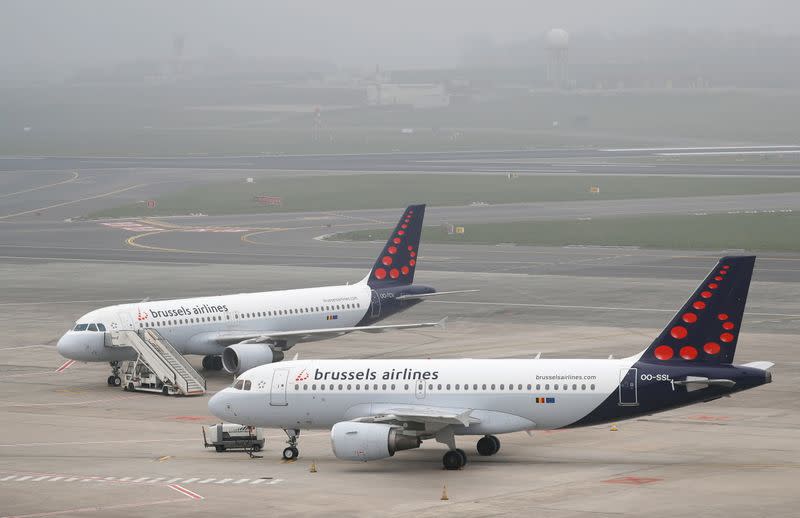 FILE PHOTO: Brussels Airlines aircrafts are parked on the tarmac at Zaventem International Airport near Brussels