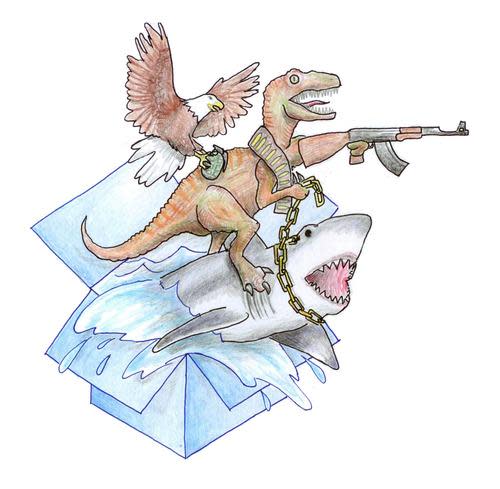 Eagle riding a T. rex riding a shark