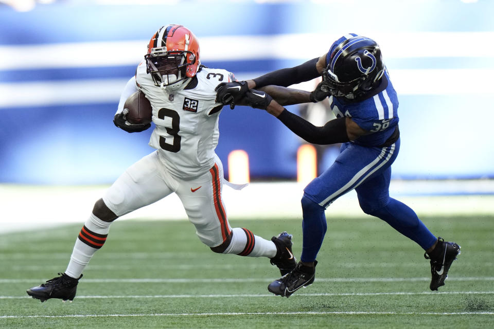 Cleveland Browns wide receiver Marquise Goodwin (3) runs from Indianapolis Colts cornerback Darrell Baker Jr. (39) during the second half of an NFL football game, Sunday, Oct. 22, 2023, in Indianapolis. (AP Photo/AJ Mast)