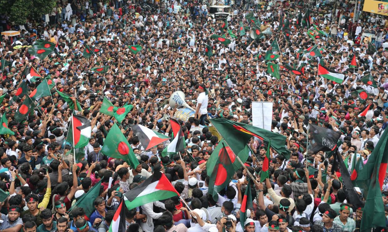 <span>Demonstrators at Martyr March, a rally organised by Students Against Discrimination to mark one month to the ousting of the country's former prime minister Sheikh Hasina, in Dhaka on 5 September.</span><span>Photograph: Habibur Rahman/ZUMA Press Wire/REX/Shutterstock</span>