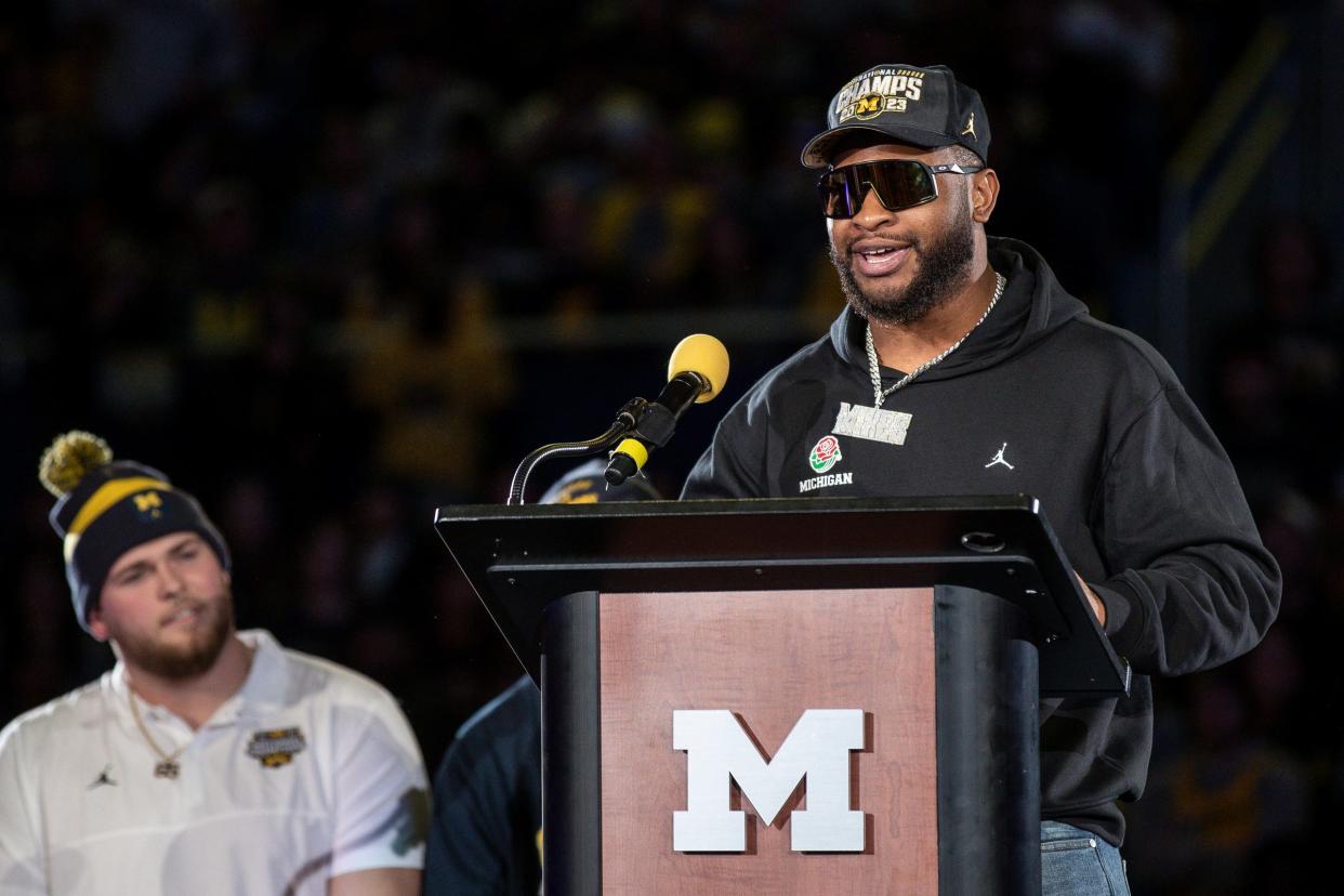 Michigan linebacker Michael Barrett speaks during the national championship celebration at Crisler Center in Ann Arbor on Saturday, Jan. 13, 2024.