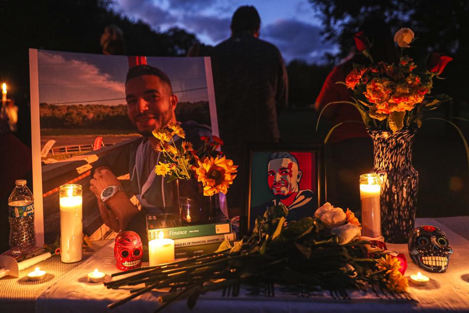 A Mexican-style ofrenda is set up at a vigil for Adil Dghoughi in Martindale on Oct. 24, 2021.