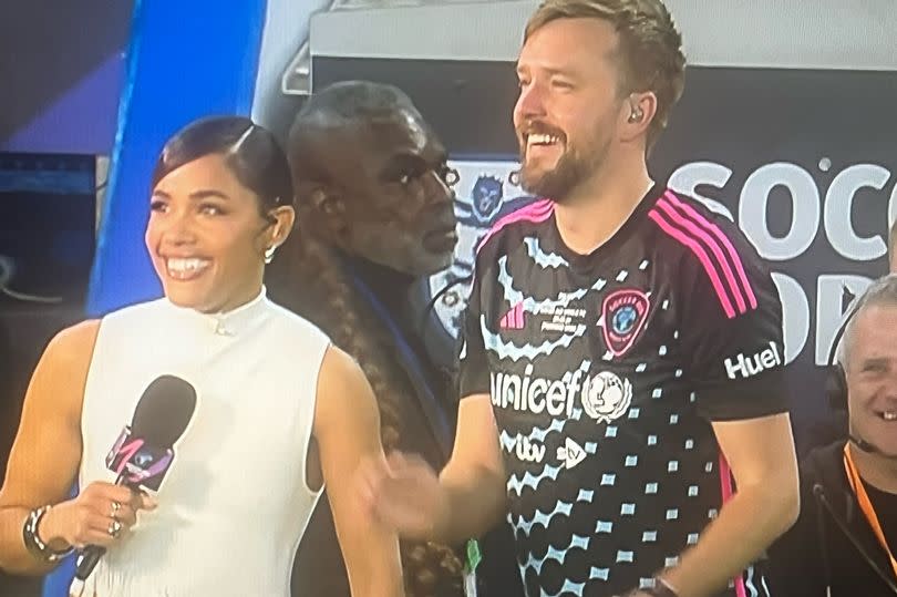 Soccer Aid's Iain Stirling with Alex Scott