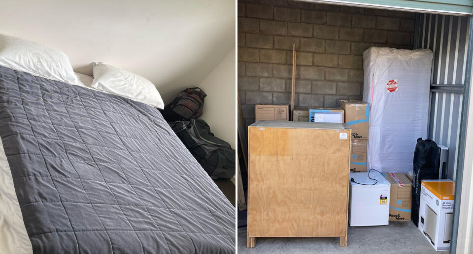 (left) a photo of his bed on the floor at his mother's house in Albury (right) all his belongings in storage. Source: Supplied