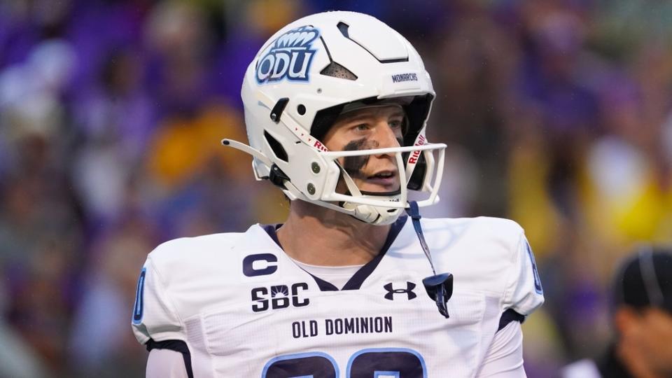 Sep 10, 2022; Greenville, North Carolina, USA; Old Dominion Monarchs tight end Zack Kuntz (80) looks on against the East Carolina Pirates during the first half at Dowdy-Ficklen Stadium.