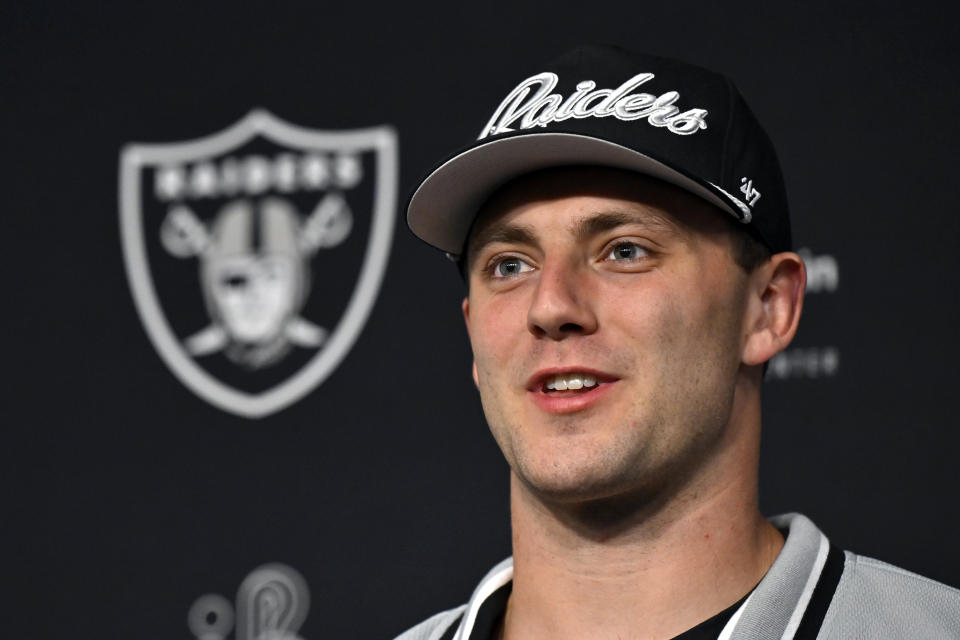 Las Vegas Raiders first round draft pick Brock Bowers speaks at an NFL football news conference Friday, April 26, 2024, in Henderson, Nev. (AP Photo/David Becker)