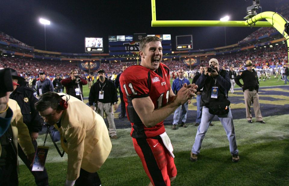 Utah QB Alex Smith celebrates the Utes’ 35-7 victory over Pitt after the 2005 Fiesta Bowl in Tempe, Ariz., Jan 1, 2005. | Tom Smart, Deseret News