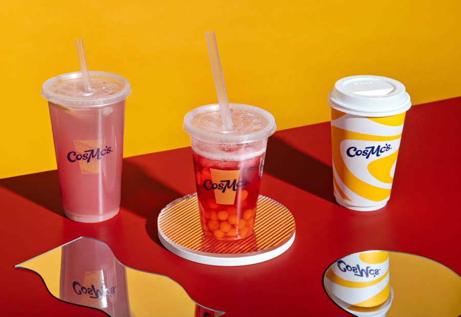 BOLINGBROOK, IL- JANUARY 17: From left, a berry hibiscus sour-ade, a sour cherry energy burst, and a Turmeric spiced latte from CosMc’s drive-thru in Bolingbrook, Illinois on January 17, 2024 (Matt Schwerin for The Washington Post via Getty Images)