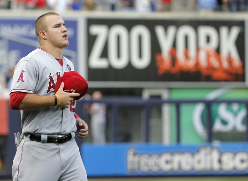 Los Angeles Angels Mike Trout runs past sign before playing New York Yankees in MLB game in New York