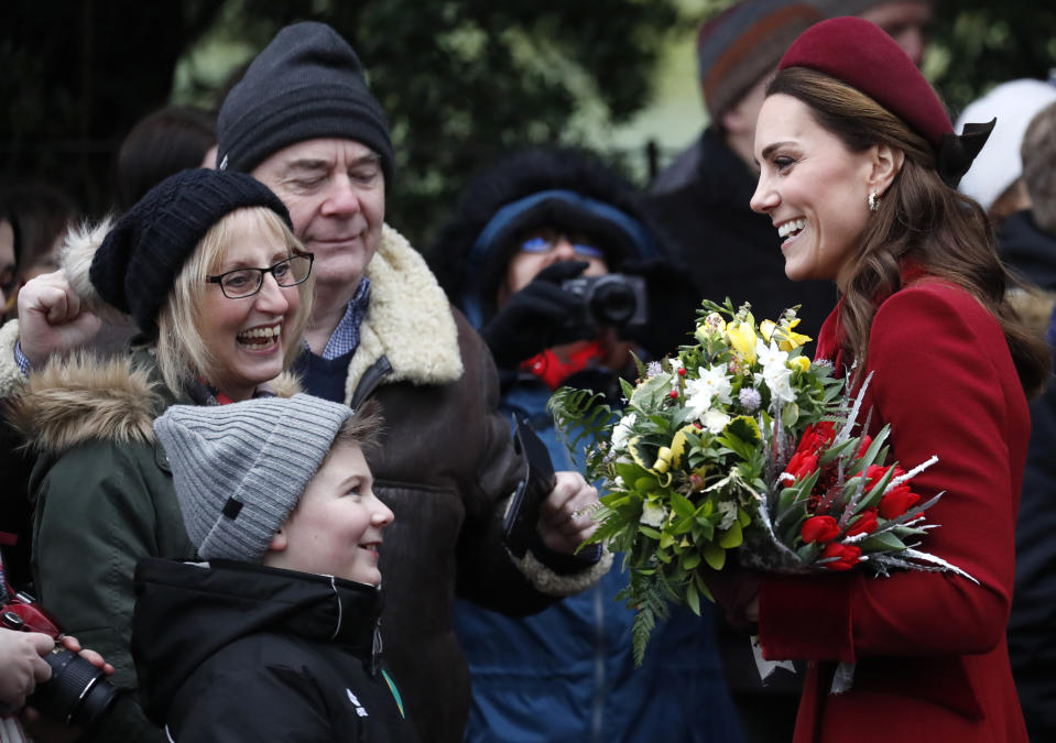 Britain's Kate, Duchess of Cambridge meets members of the crowd after attending the Christmas day service at St Mary Magdalene Church in Sandringham in Norfolk, England, Tuesday, Dec. 25, 2018. (AP PhotoFrank Augstein)