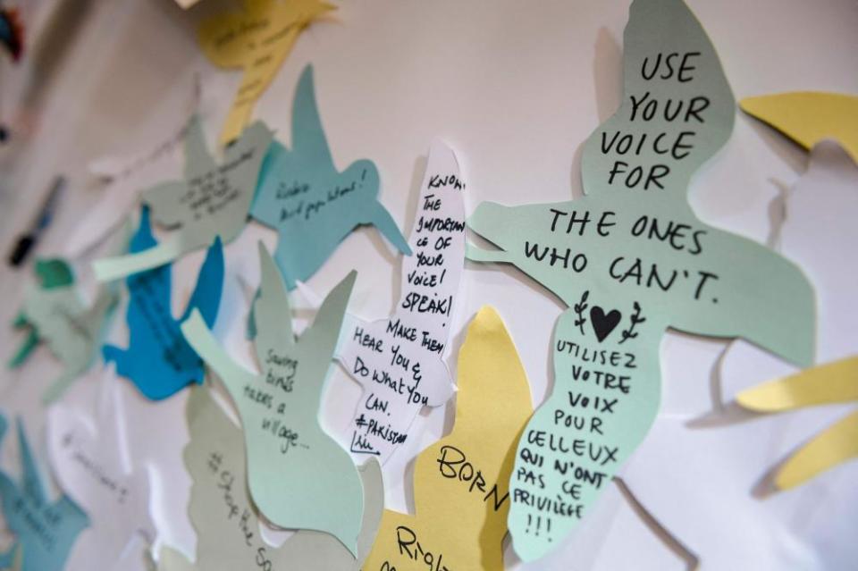 Notes on the wall of pleas for biodiversity improvement at the United Nations Biodiversity Conference (COP15) in Montreal, Quebec, Canada on December 14, 2022.