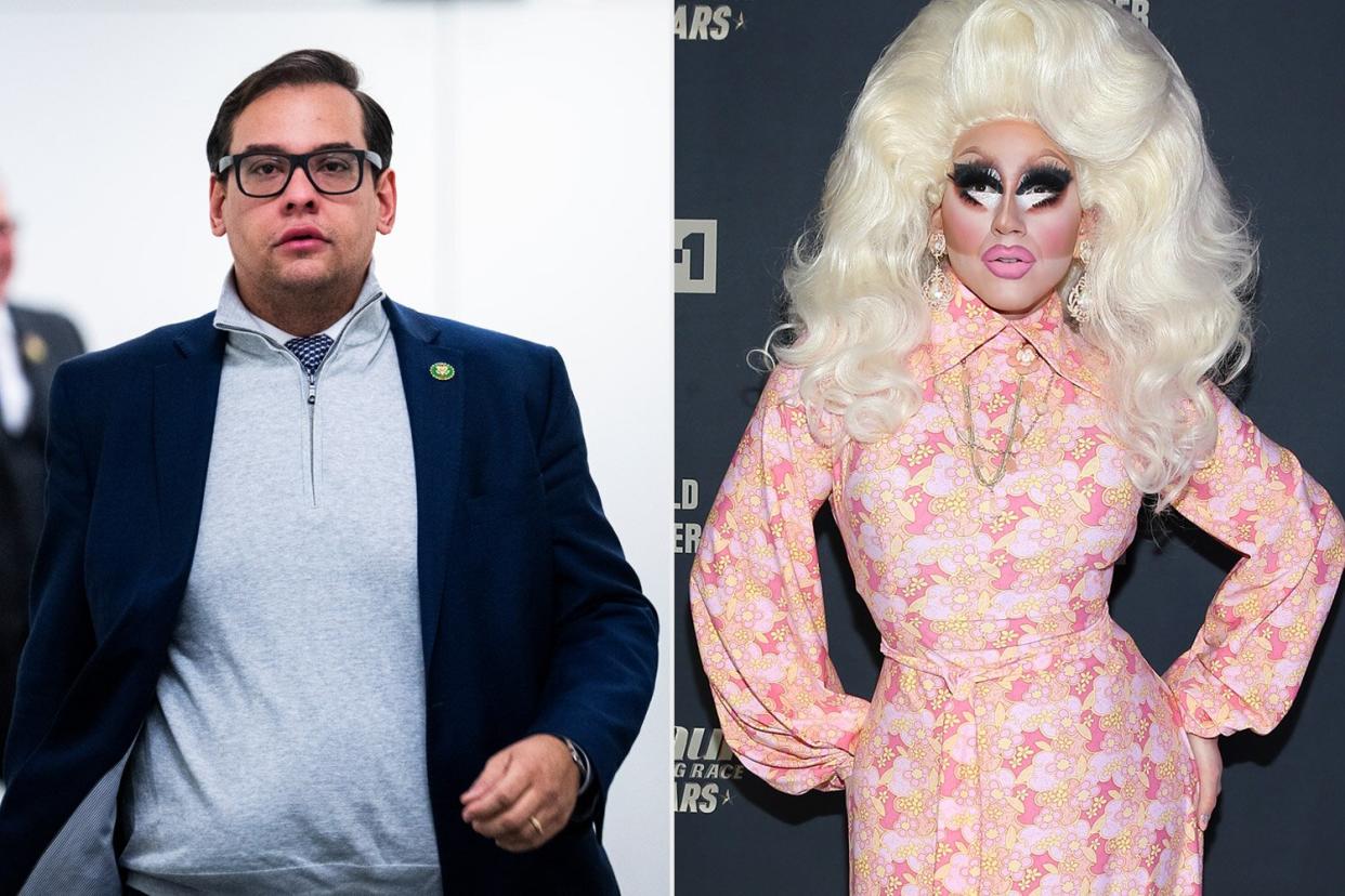 UNITED STATES - JANUARY 10: Rep. George Santos, R-N.Y., is seen outside a House Republican Conference meeting in the U.S. Capitol on Tuesday, January 10, 2023. (Tom Williams/CQ-Roll Call, Inc via Getty Images); NEW YORK, NY - JANUARY 17: Drag queen Trixie Mattel attends "RuPaul's Drag Race All Stars" Meet The Queens on January 17, 2018 in New York City. (Photo by Bennett Raglin/Getty Images)