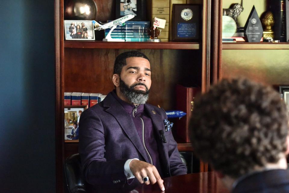 Mayor Chokwe Antar Lumumba speaks to Clarion Ledger reporter Wicker Perlis about Jackson's ongoing water issues in his office at City Hall in Jackson, Miss., Wednesday, November 9, 2022. He criticized proposals to regionalize the city's water system or have the state take ownership. "You deal with the threat of the revenue being siphoned off to priorities which may not be the highest priority to the repairs and improvement to the system for the residents of Jackson. And so that that remains a concern."