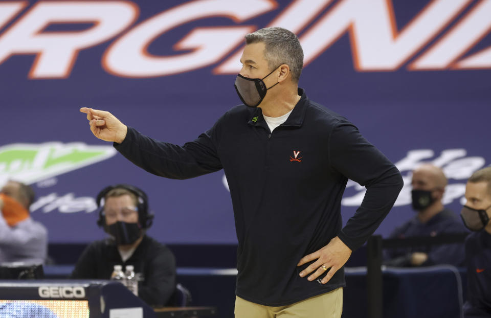 Virginia coach Tony Bennett calls a play during the team's NCAA college basketball game against North Carolina on Saturday, Feb. 13, 2021, in Charlottesville, Va. (Andrew Shurtleff/The Daily Progress via AP, Pool)