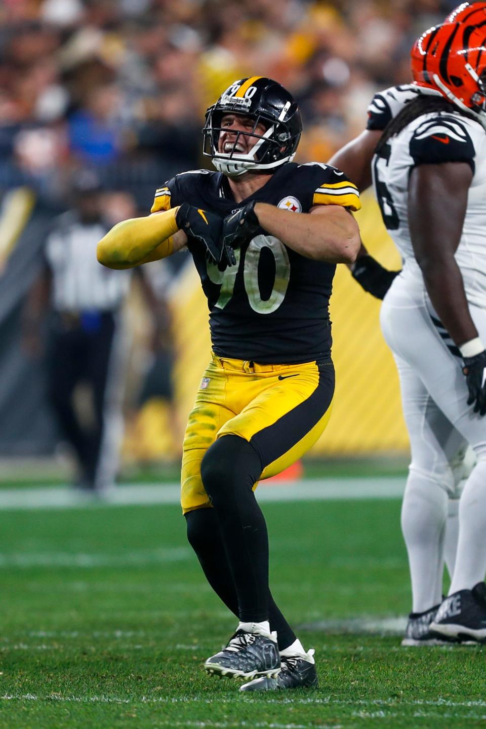 Pittsburgh Steelers outside linebacker T.J. Watt celebrates a sack during the second half against the Cincinnati Bengals on Sept. 30, 2019, in Pittsburgh. T.J. has 72 in his career through five seasons in the NFL.