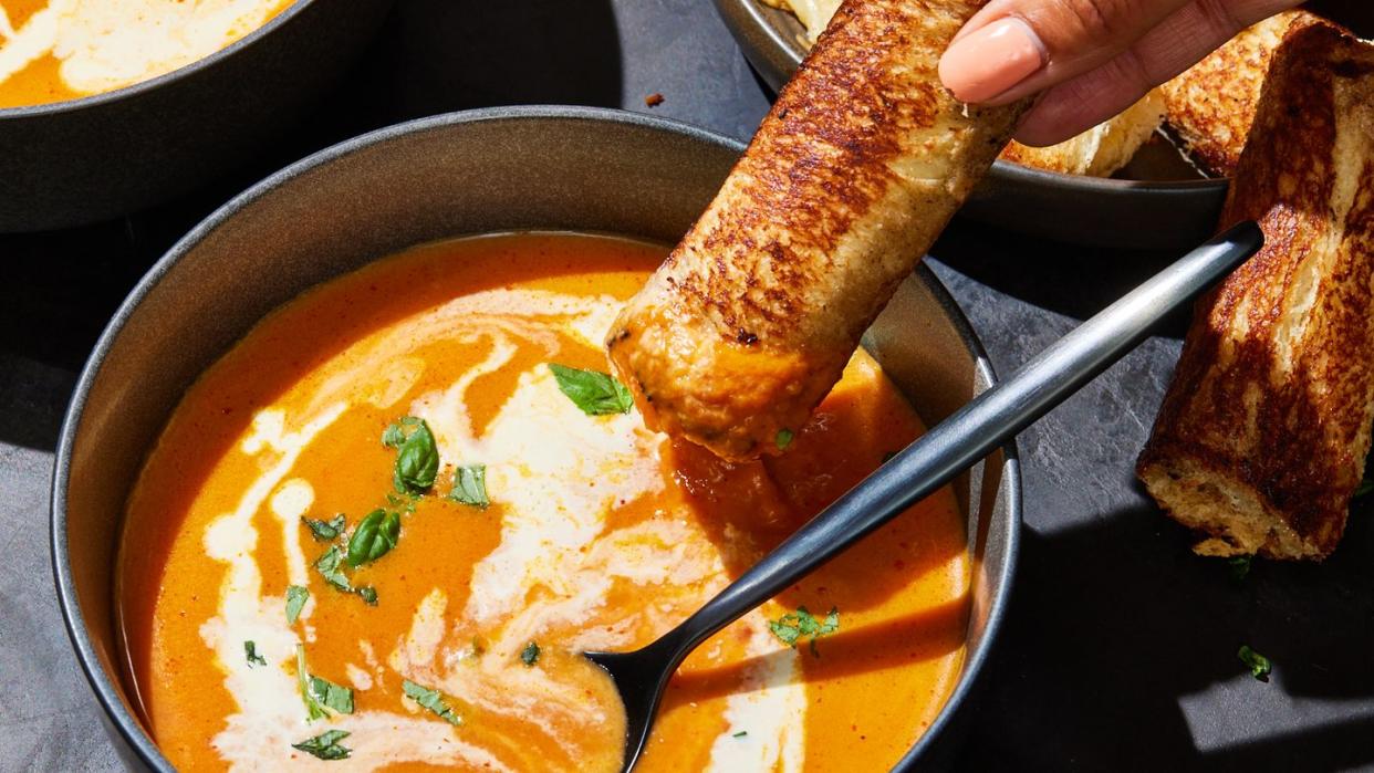 pumpkin tomato soup and grilled cheese sticks