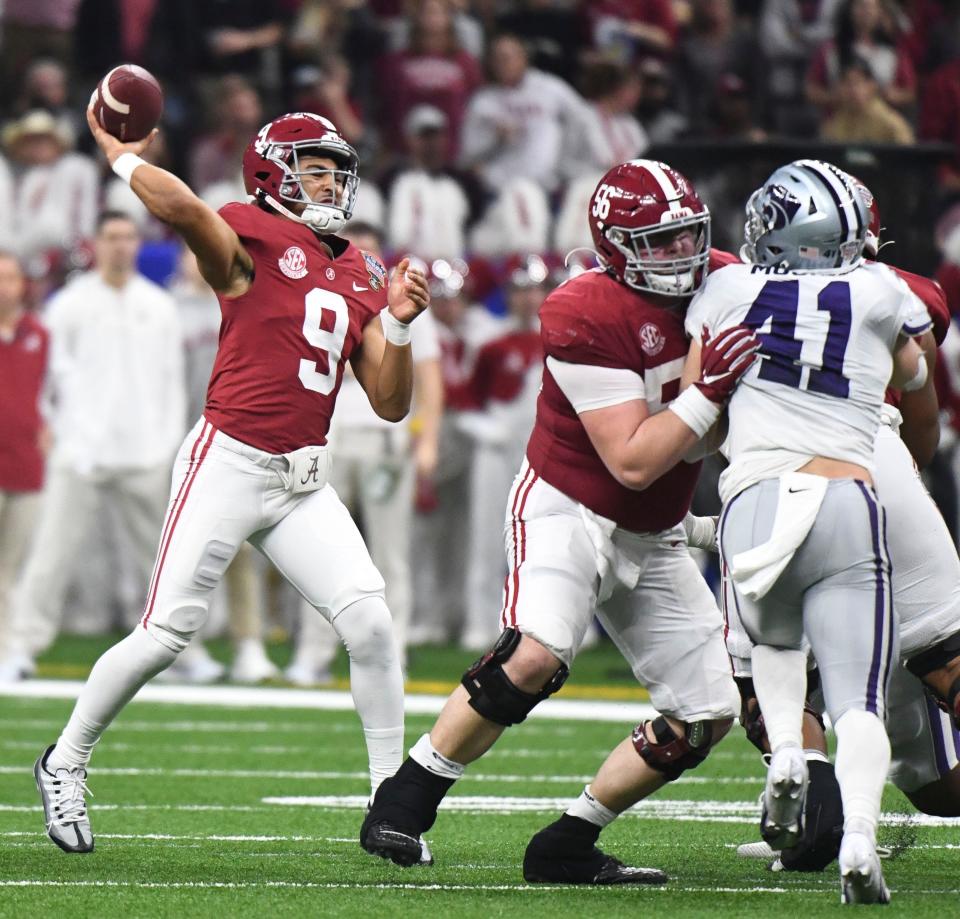 Alabama quarterback Bryce Young (9) throws a pass against Kansas State during the 2022 Sugar Bowl.