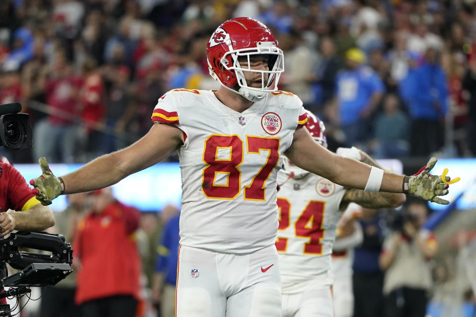 Kansas City Chiefs tight end Travis Kelce celebrates a touchdown during the second half of an NFL football game against the Los Angeles Chargers Sunday, Nov. 20, 2022, in Inglewood, Calif. (AP Photo/Jae C. Hong)