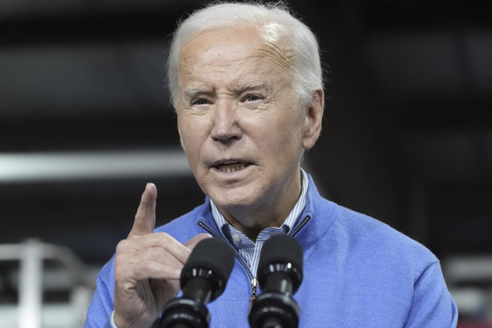 President Joe Biden speaks at the Earth Rider Brewery, Thursday, Jan. 25, 2024, in Superior, Wis. Biden is returning to the swing state of Wisconsin to announce $5 billion in federal funding for upgrading the Blatnik Bridge and for dozens of similar infrastructure projects nationwide. (AP Photo/Alex Brandon)