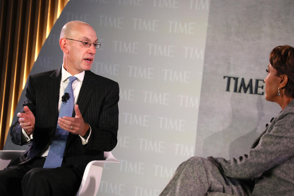 NEW YORK, NEW YORK - OCTOBER 17: Commissioner of the NBA, Adam Silver (L) and broadcaster Robin Roberts speak onstage during the TIME 100 Health Summit at Pier 17 on October 17, 2019 in New York City. (Photo by Brian Ach/Getty Images for TIME 100 Health Summit )